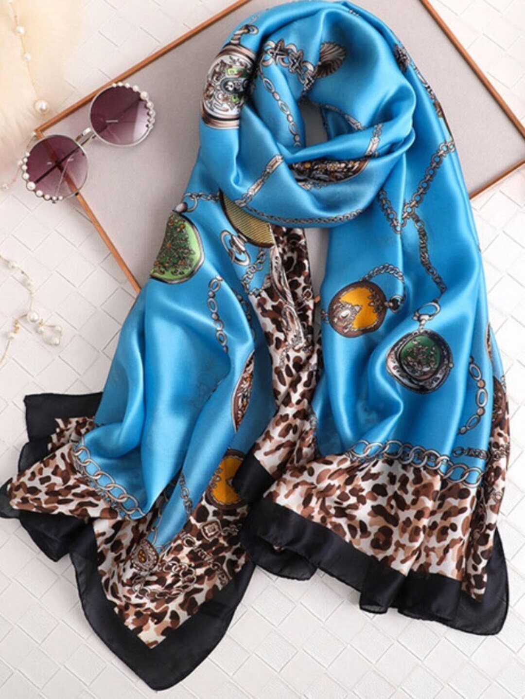 Turquoise Silky Chaim Leopard Print Scarf Satin Scarf Women Faux