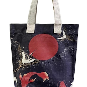 Japanese Crane & Koi Fish Print Cotton Tote Bag  By Kuati Mayfair
