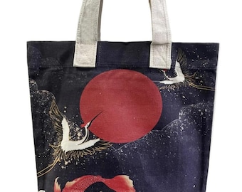 Japanese Crane & Koi Fish Print Cotton Tote Bag  By Kuati Mayfair