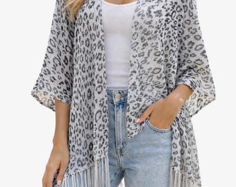 Leopard Print Grey Silver Metallic Thread Tassel Edge Kimono / Coverup by Personalised Kuati Mayfair