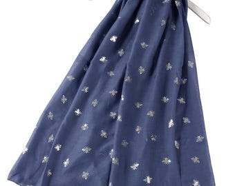 Denim Blue Silver Bee Print Scarf Shawl Wrap Foil Print Lightweight Scarf By Kuati Mayfair