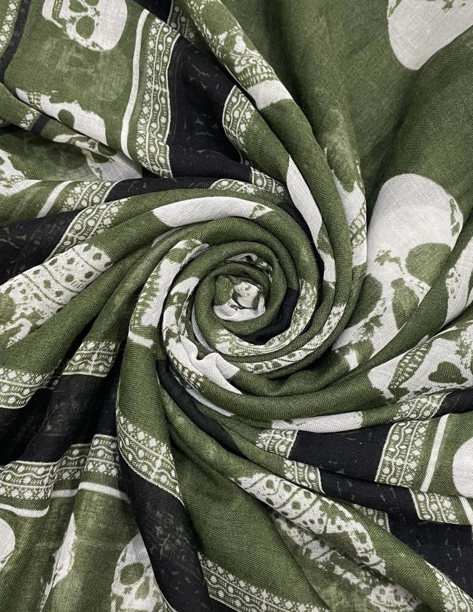 Green Black White Skull Print Scarf Ladies Viscose Scarf