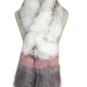 CLEARANCE WHite Pink Grey Stripe Long Faux Fur Collar Scarf Faux Fur Scarf Winter Scarf Womens Scarf by Kuati Mayfair