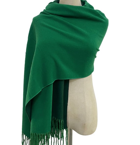 Reversible Green Tassel Shawl Personal Shawl Two Tone Scarf by