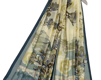 Blue Japanese Landscape Floral Silk Scarf by Kuati Mayfair