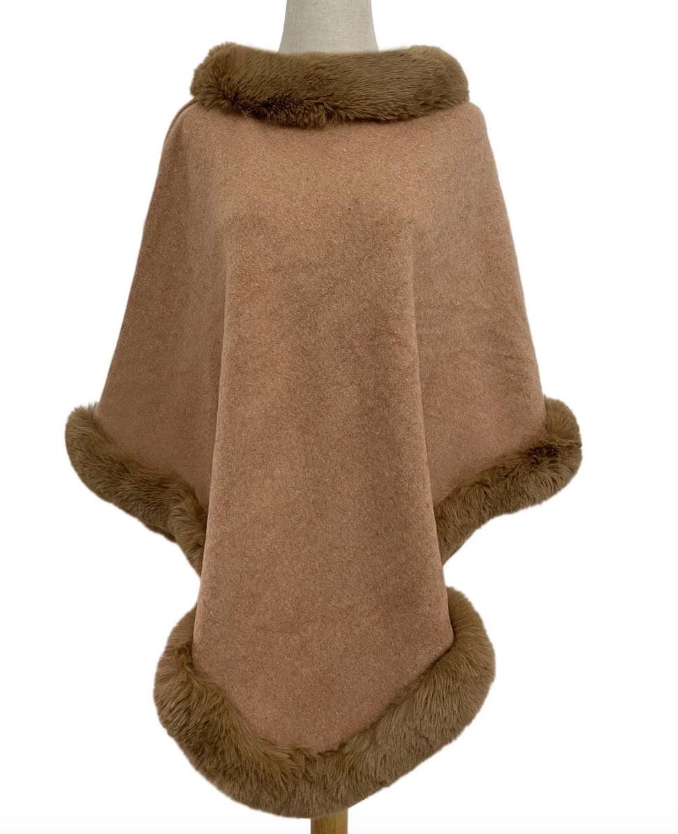 Camel Browm Faux Fur Wool Faux Fur Trim Poncho Cape Shawl by Kuati