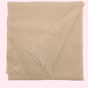 Beige Plain Sequin Embellished Frayed Scarf Beige Knit Shawl by Kuati Mayfair