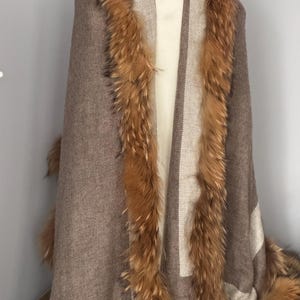 Brown Cream Two layer Cashmere Shawl with Fox Fur Trim Reversible Scarf by Kuati Mayfair