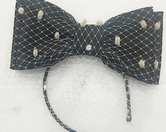 Black Beige  Fascinator Bow Headband with Net Personalised by Kuati Mayfair