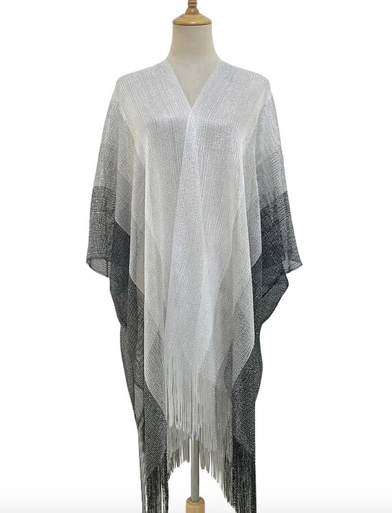 Black and Silver Striped Metallic Tassel Kimono Beach Cover up by