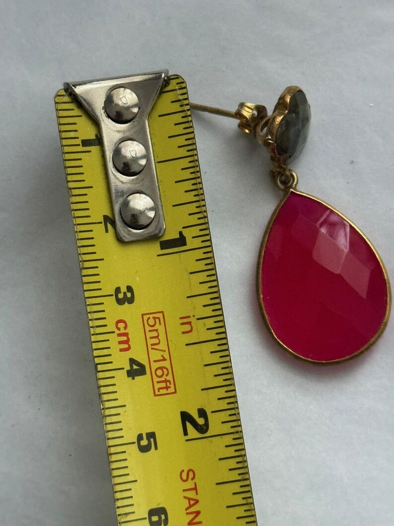 Hot Pink Chalcedony and Labradorite Semi-precious Drop Earring Antique Gold plated on Sterling Silver image 2