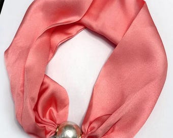Coral Elegant Plain Pearl Magnetic Clasp Scarf Fabric Satin Nacklace by Kuati Mayfair