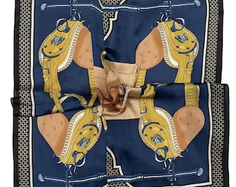 Navy Blue Equestrian Saddle Print Square Scarf by Kuati Mayfair