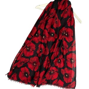 Black Red Bold Red Poppy Print Frayed Scarf Shawk by Kuati Mayfair