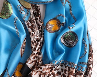 Turquoise Silky Chaim Leopard Print Scarf Satin Scarf Women Faux