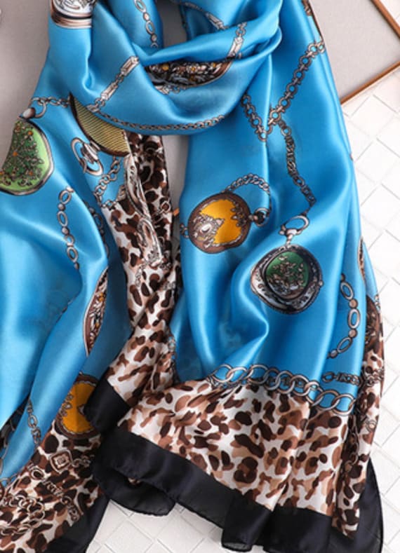 Turquoise Silky Chaim Leopard Print Scarf Satin Scarf Women