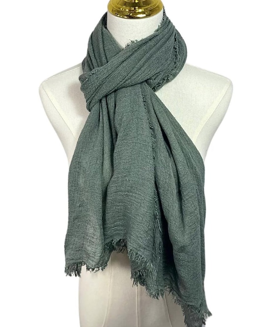 Khaki Green Frayed Linen Blend Scarf Shawl Wrap by Kuati Mayfair