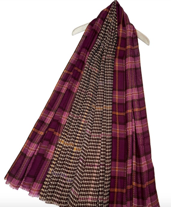 Burgundy Purple Houndstooth Shawl Plaid Scarf Check Scarf Winter Scarf  Womens Scarf by Kuati Mayfair