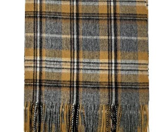 Grey Mustard Multi Check Print 100% Wool Tassel Scarf Plaid Scarf by Kuati Mayfair