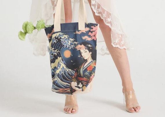 Japanese Great Wave and Lady Art Print Cotton Tote Bag - Etsy