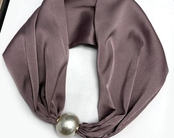 Lavender Grey Magnetic Pearl Satin Scarf Fabric Satin Necklace by Kuati Mayfair