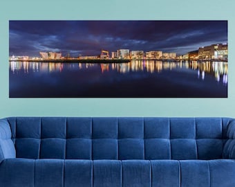 Belfast Skyline Photo, Photography Print, Northern Ireland, Harland and Wolff Cranes, Titanic Quarter, Panoramic Print. Belfast Wall Art