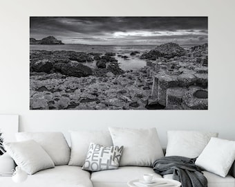 Giants Causeway, Panoramic Photography Print, Northern Ireland Photos, Ireland Photography, County Antrim, Black and White, Irish Wall Art