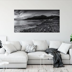 Montañas Mourne, Playa de Newcastle, Impresión fotográfica, Blanco y Negro, Irlanda del Norte, Condado de Down, Foto panorámica, Paisajes de Irlanda