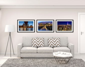 Photo Urban Home Office Wall Art New York Set of 3 Photography Prints Twilight Manhattan NYC Skyline Empire State Queensboro Bridge