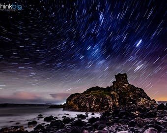 Ireland Kinbane Castle - Star Trails Photography - Starry Night Sky - Dramatic Astro Space - Photograph Photo Print - Home Decor Wall Art