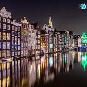 Amsterdam Canals, Photography Print, Amsterdam At Night, Canal Houses Damrak, The Netherlands, Dutch Decor, Cityscape, Amsterdam Wall Art