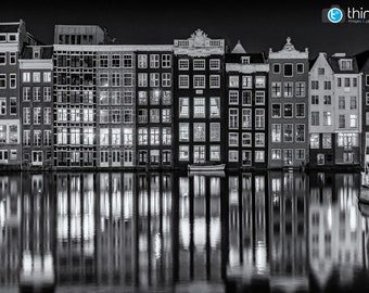 Amsterdam Photography Print, Blanco y Negro, Damrak Canal Houses, Países Bajos, Fotografía de Ámsterdam, Grabados holandeses, Arte mural de Ámsterdam