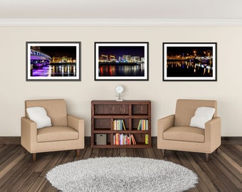 Belfast Cityscape Set of 3 Photography Prints - City Skyline Northern Ireland Harland and Wolff Cranes - Landmark Buildings Photos Wall Art