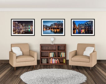 Amsterdam Prints Set of 3 City Photography Europe - Canal Houses Netherlands Dutch Canals Damrak - Photos Urban Architecture Travel Wall Art