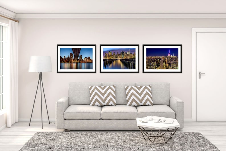 Photo Urban Home Office Wall Art New York Set of 3 Photography Prints Twilight Manhattan NYC Skyline Empire State Queensboro Bridge
