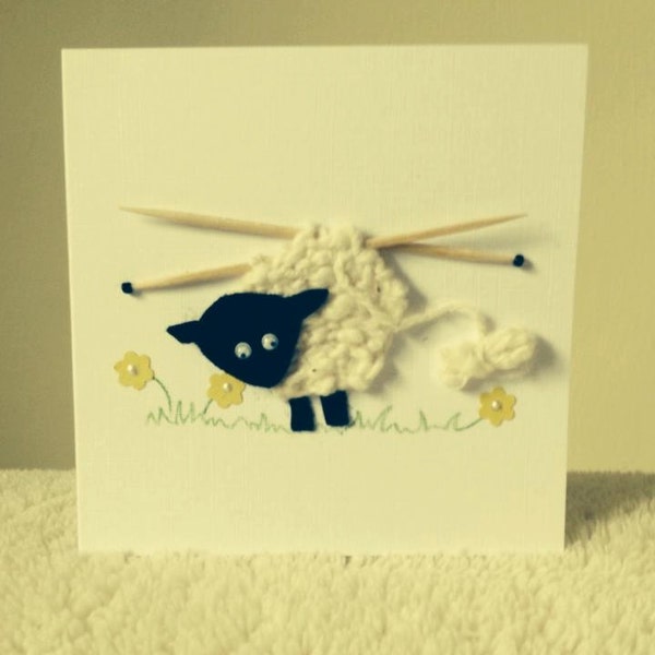 Unique little lamb card with hand knitted motif.