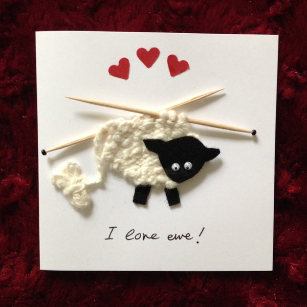 Card with Handknitted Sheep wording 'I love ewe'
