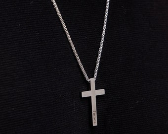 Custom Men's Silver Cross Necklace, Personalized Fathers Day Gift, Baptism Christian Bible Verse Gifts, Boyfriend Gift, Husband Gift, Dad