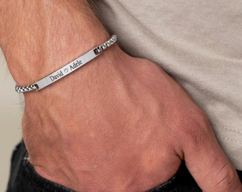 Personalize Silver Bar Bracelet For Men, Engraved Initial Bracelet, Custom Men's Name Bracelets, Gifts For Husband Boyfriend Dad Anniversary