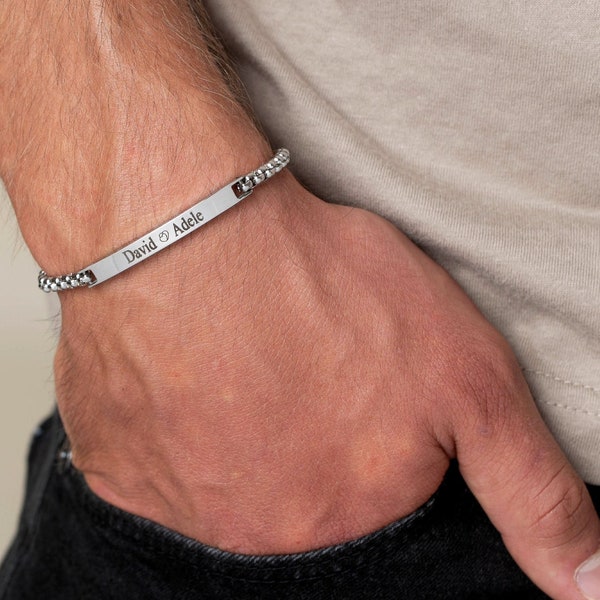 Personalize Silver Bar Bracelet For Men, Engraved Initial Bracelet, Custom Men's Name Bracelets, Gifts For Husband Boyfriend Dad Anniversary