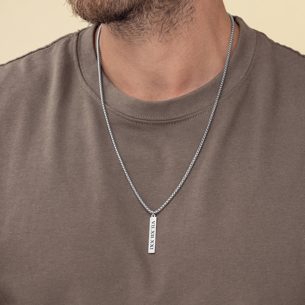 Custom Men's Bar Pendant Necklace, Personalized Men's Silver Necklace, Name Necklace, Roman numeral Necklace, Date Necklace, Men's Jewelry