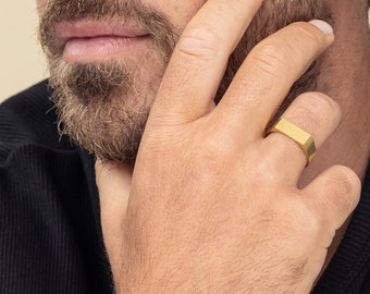 Open Signet Ring For Men, Waterproof Men's Gold Ring, Rectangle Ring, Gold Signet Ring, Men's Jewelry, Men's Gift, Boyfriend Gift, Husband
