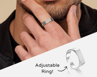 Men's Adjustable Silver Signet Ring, Waterproof Silver Ring For Men, Rectangle Ring, Men's Jewelry, Men Gift, Boyfriend Gift, Husband Gift