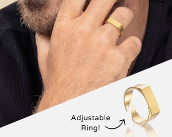 Men's Adjustable Gold Signet Ring, Waterproof Men's Gold Ring For Men, Rectangle Ring, Men's Jewelry, Men Gift, Boyfriend Gift, Husband Gift