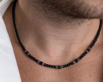 Collana di onice nero per uomo, collana di perline da uomo, collana di pietre preziose da uomo, gioielli da uomo, regalo per marito fidanzato papà, accessorio da uomo