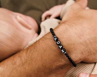 Personalized Dad Bracelet, Black Onyx Beaded Name Bracelet, Word Bracelet, Bracelet For Father, Black Letter Beads, Custom Gift For Dad