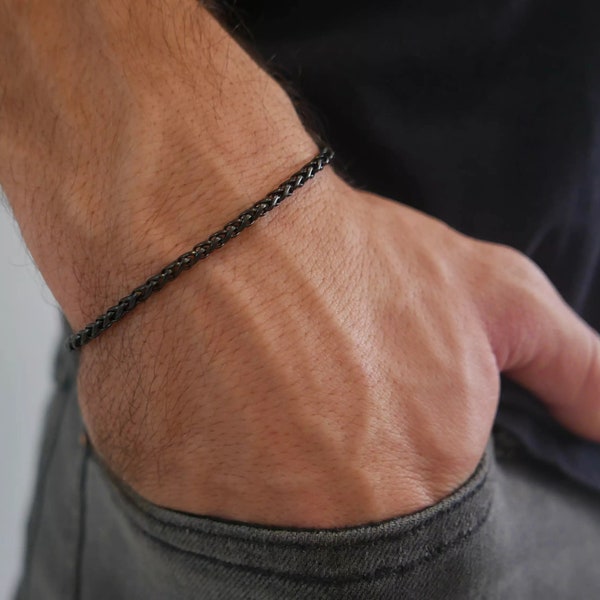 Bracelet chaîne minimaliste en acier inoxydable noir délicat pour homme, bracelet classique pour homme, bijoux pour homme, cadeau pour mari petit ami papa lui