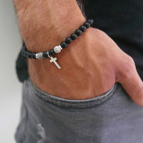 Onyx Gemstone Beaded Cross Bracelet For Men,Religious Bracelet, Christian Bracelet, Prayer Bracelet, Catholic Bracelet, Faith Bracelet