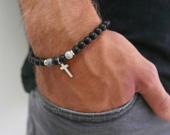 Onyx Gemstone Beaded Cross Bracelet For Men,Religious Bracelet,Christian Bracelet,Prayer Bracelet, Gift for Father&#39;s Day Valentine&#39;s Day
