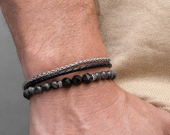 Men's Bracelet Set, Men's Beaded Bracelet, Men's Leather Bracelet, Men's Silver Bracelet, Gift for Father's Day Valentine's Day